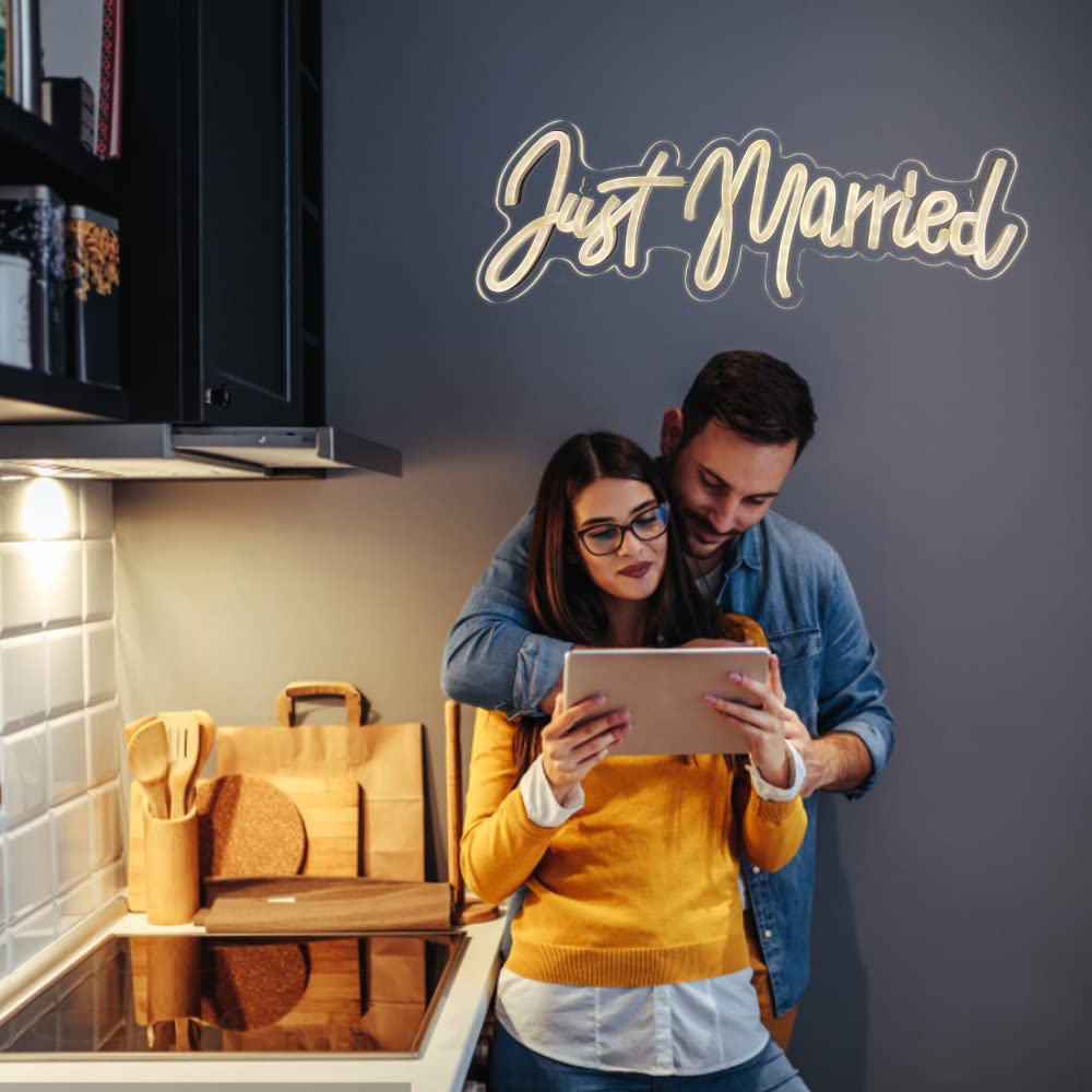 Letrero de neón personalizado 'Just Married' para boda, iluminación LED USB, acrílico, romance