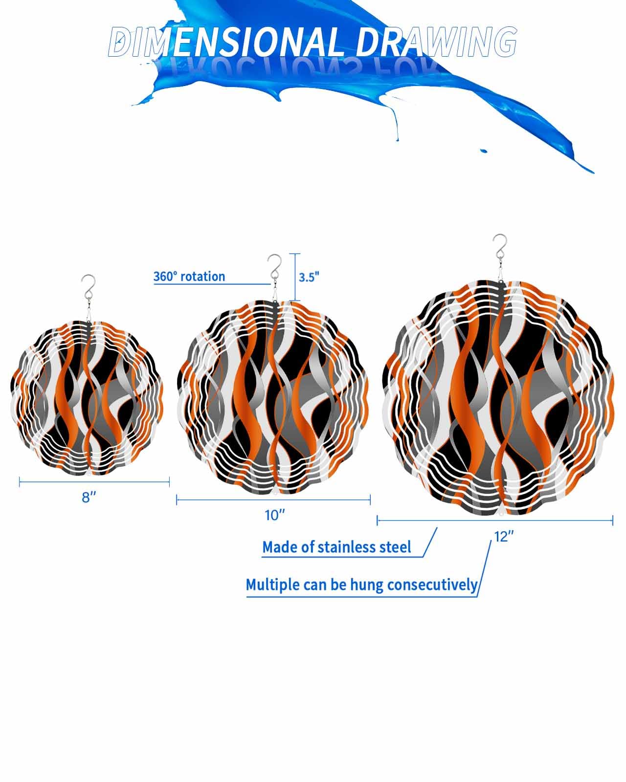 Abstract Wind Spinners, Twisted Ripple Stripes Lines Hanging Wind Spinners for Yard and Garden 3D Stainless Steel Metal Sculptures Crafts Ornaments 8 Inch