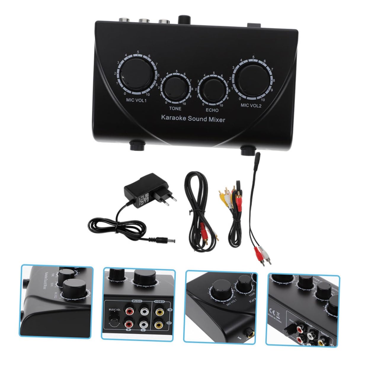 Mezclador de Audio Profesional y Cable Incluido para Karaoke Volumen Ajustable con Doble Entrada de Micrófono Negro para Uso en Escenarios y Salas Ktv