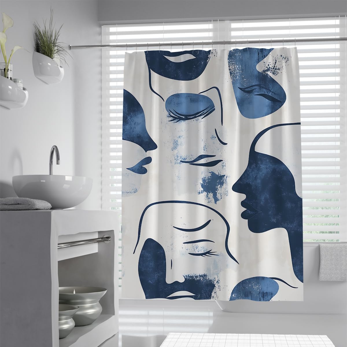 OLLIAR Home Abstract Face Modern Bathroom Shower Curtains 180x220 Minimalist Line Art Funny Aesthetic Polyester Fabric Shower Curtain Waterproof Decor