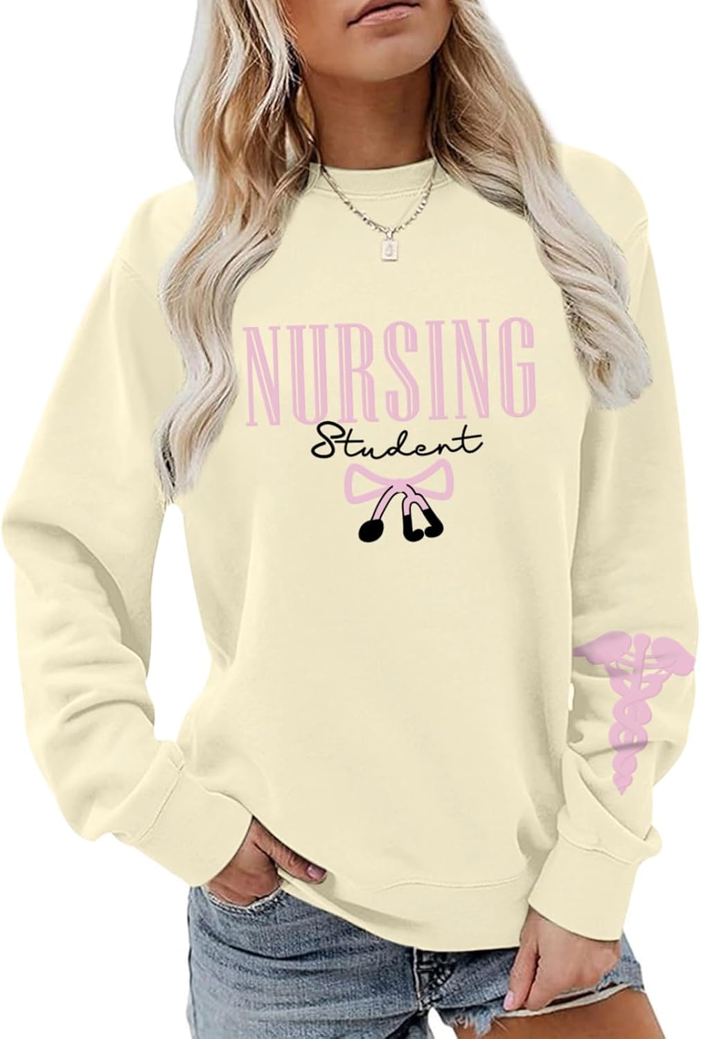 Nursing Student Sweatshirt Nurse Sweatshirts for Women Bow Graphic Preppy Pullover Nursing School Crewneck Hoodies