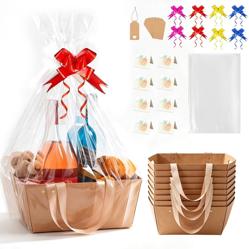 Peldris 8 Set Gift Basket Hamper Kit, Empty Kraft Hamper Baskets, Gift Baskets Empty with Handles, Wrap Bags, Pull Bows, Tags, Greeting Cards, Gift Baskets for Birthday, Christmas, Wedding