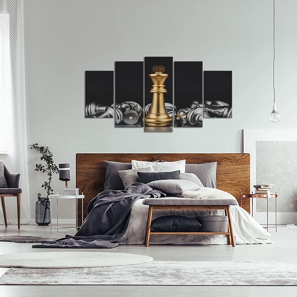 VANSEEING 5 Panel Chess Canvas Wall Art Prints King and Knight Game Picture Painting Black and Gold Artwork for Home Office Decoration Ready to Hang