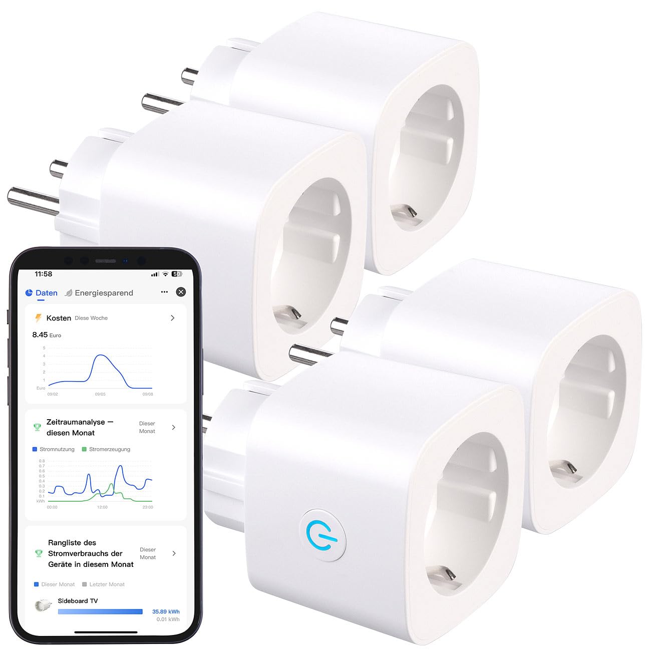 Luminea Home Control WLAN Steckdose TUYA: 4er-Set 2in1-WLAN-Steckdose, bidirektionale Strom-Messung, 16 A, App (Stromzähler WiFi, Smart Life, Solar)