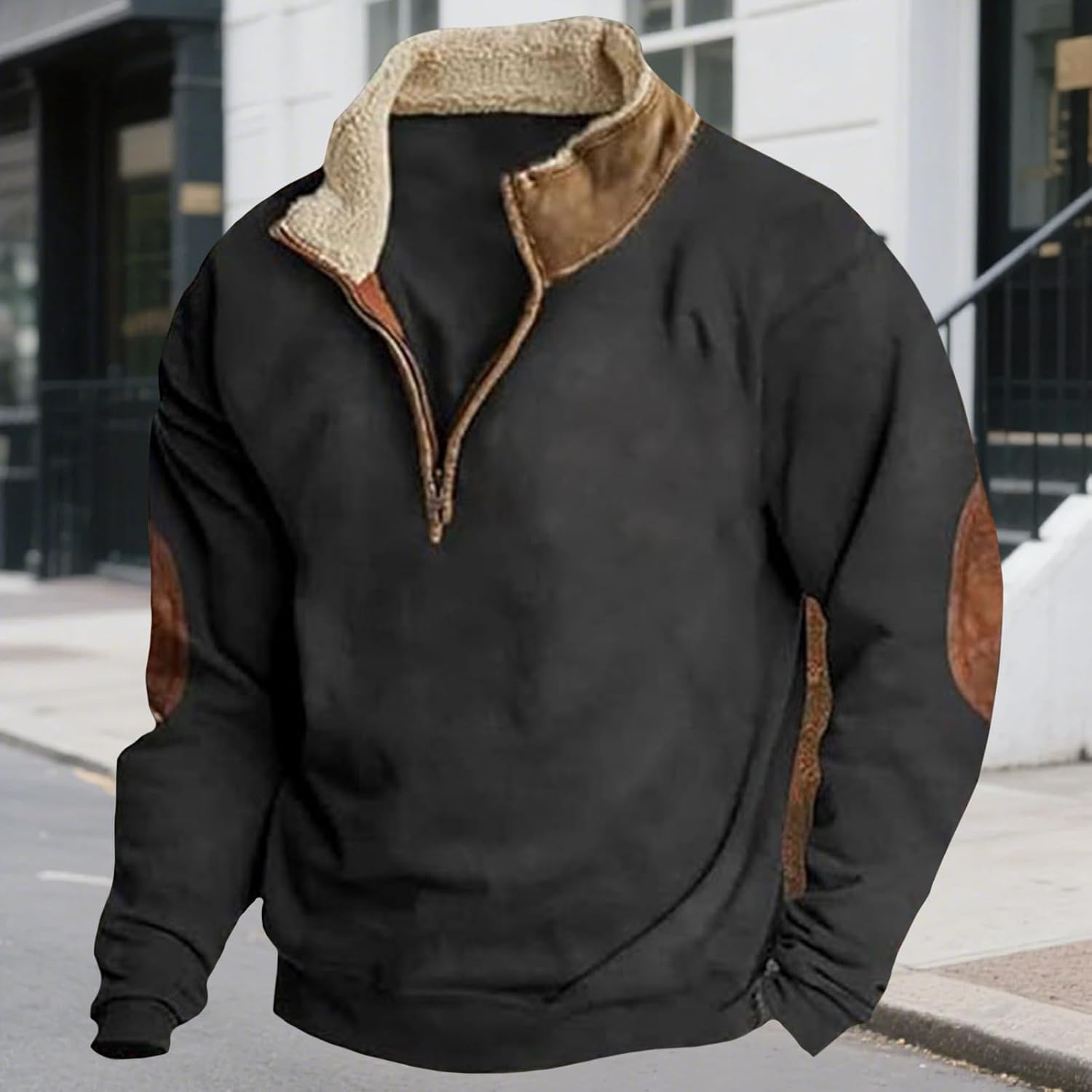 Men's Fleece Sweatshirts Vintage Quarter Zip Long Sleeve Pullover Casual Long Sleeve Warm Winter Sweatshirt - Image 2