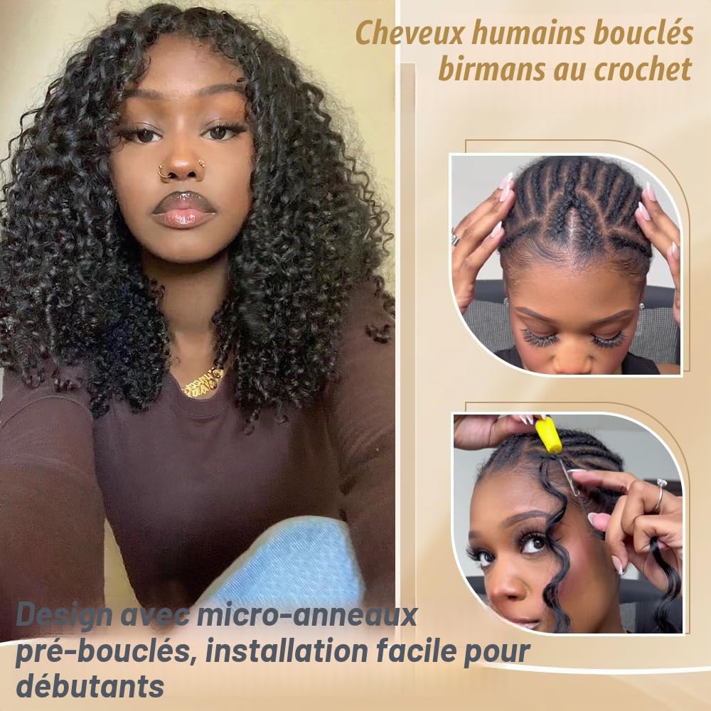 Renyarch Miracle Burmese Curly Mini Knots Crochet Human Hair - Extensions de Cheveux Humains Pré-Séparés pour Femmes Noires,6pcs 150g Crochet Braids Water Wave Nœuds Invisible Knotless, 16 pouces 1B