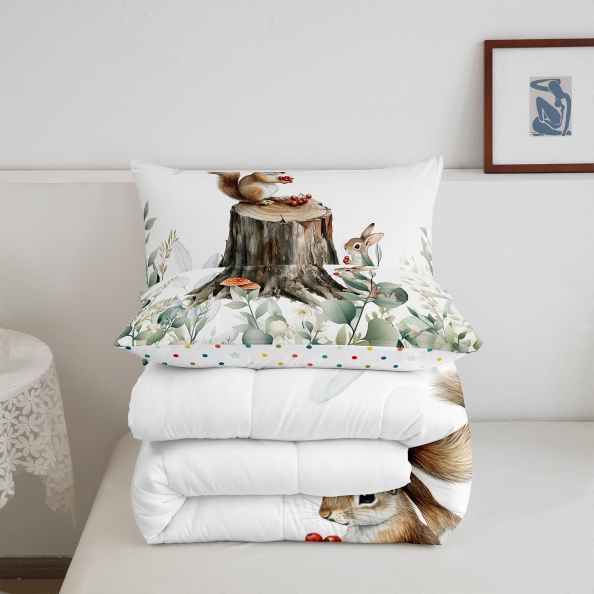 Erosebridal Kids Cute Animal Toddler Bedding Sets for Girls Boys Cartoon Squirrel Comforter Set, Spring Eucalyptus Bedding Comforter Sets Leaves Duvet Insert, Kawaii Jungle Animal Down Comforter
