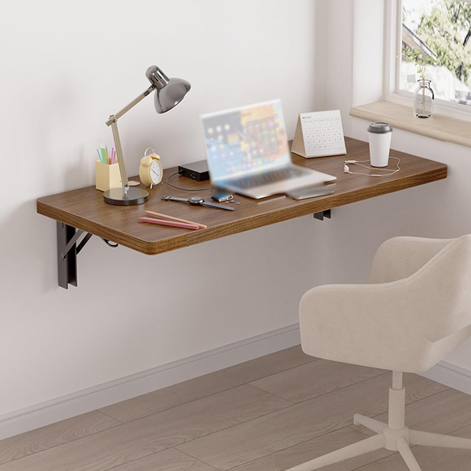 Wall-Mounted Folding Desk Space-Saving Console Table for Small Spaces Walnut Finish Ideal for Kitchen Laundry Home Office (40x24cm)