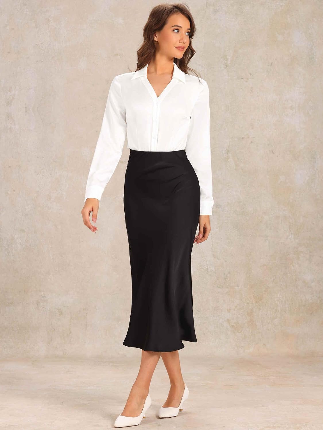 Allegra K Business Bodysuit for Women's Button Down Long Sleeve Satin Blouse Collared Work Shirt Casual Bodysuit Tops