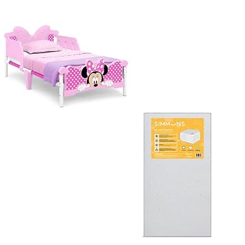 Delta Children - Minnie Mouse 3D Toddler Bed, Pink + Simmons Kids Silver Nights Dual Sided 2-Stage Baby Crib Mattress Bundle