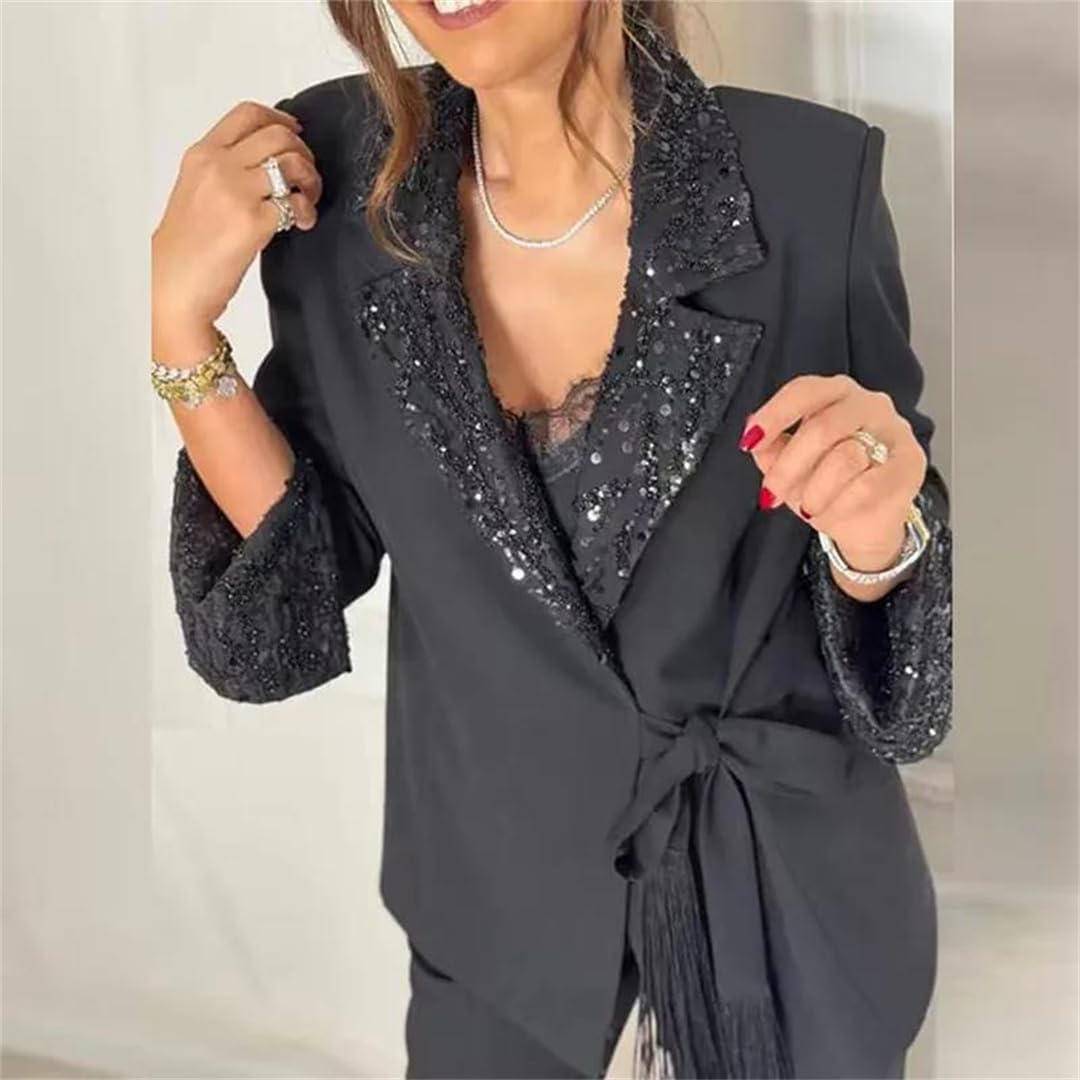 Women's Lapel Long Sleeved Jacket Pants Suit Elegant Solid Color Office Outfit Shining Sequin Patchwork Party Set