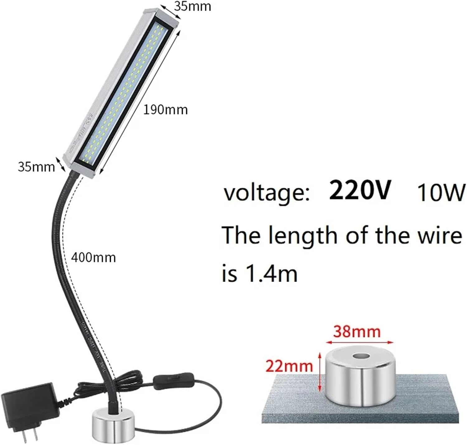 Computerized Numerical Control Workshop Working Lights 400mm Flexible Llong Arm LED Waterproof LED Lndustrial Lamp Aluminum Alloy Light 110-220V(Round Magnetic Base)