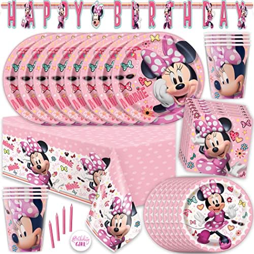 Minnie Mouse Birthday Party Supplies | Minnie Mouse Party Decorations | Minnie Birthday Party, Easy Setup and Takedown with Banner, Table Cover, Plates, Napkins & Sticker