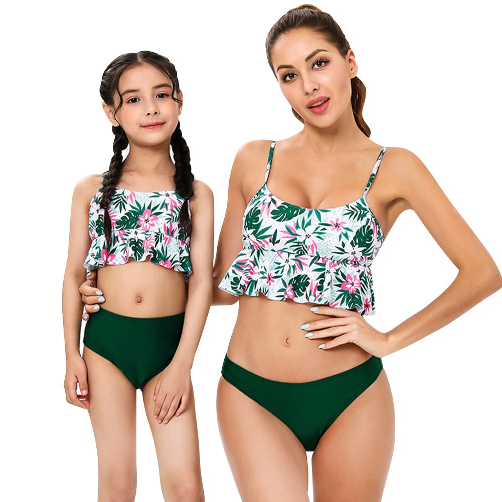 Mommy and Me Swimsuits for Women Girls Tankini Family Matching Bathing Suits Mother Daughter Beachwear Mom and Baby Matching Swimwear Bikini Set Two Piece Top Bottom Outfit Dark Green 2-3T