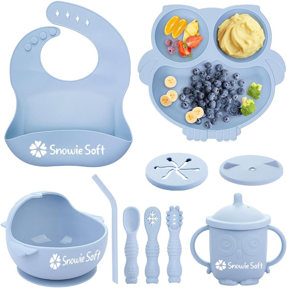 Baby Feeding Set of 10Pcs Food Grade Toddlers Silicone Food Plate Sipping Cup Bowl Set with Silicone Bib, Baby Cutleries, Self-Feeding Tableware Set for Toddlers, Sterilizable, Blue