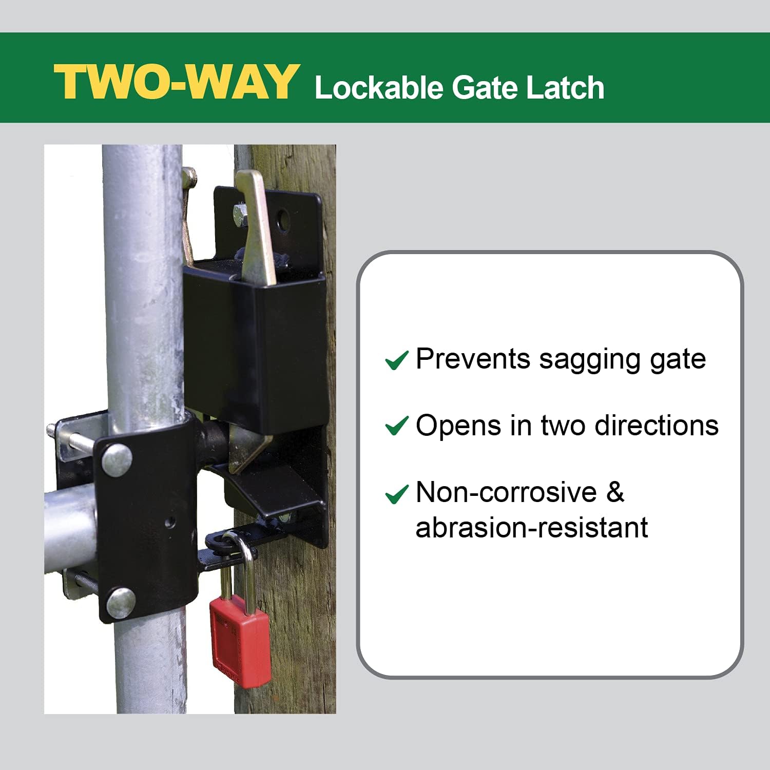 Powerfields Two-Way Lockable Livestock Gate Latch for Farms, Pet Cages, Fences, & Stables (Black)