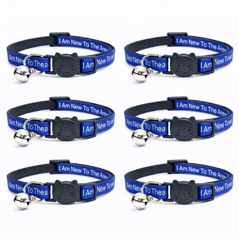 Worded Cat Collars – Please Do Not Feed Me, I Am Microchipped | Safe Quick Release Breakaway Buckle | Zacal Cat Collars (Pack of 6, Blue, I Am New To The Area)