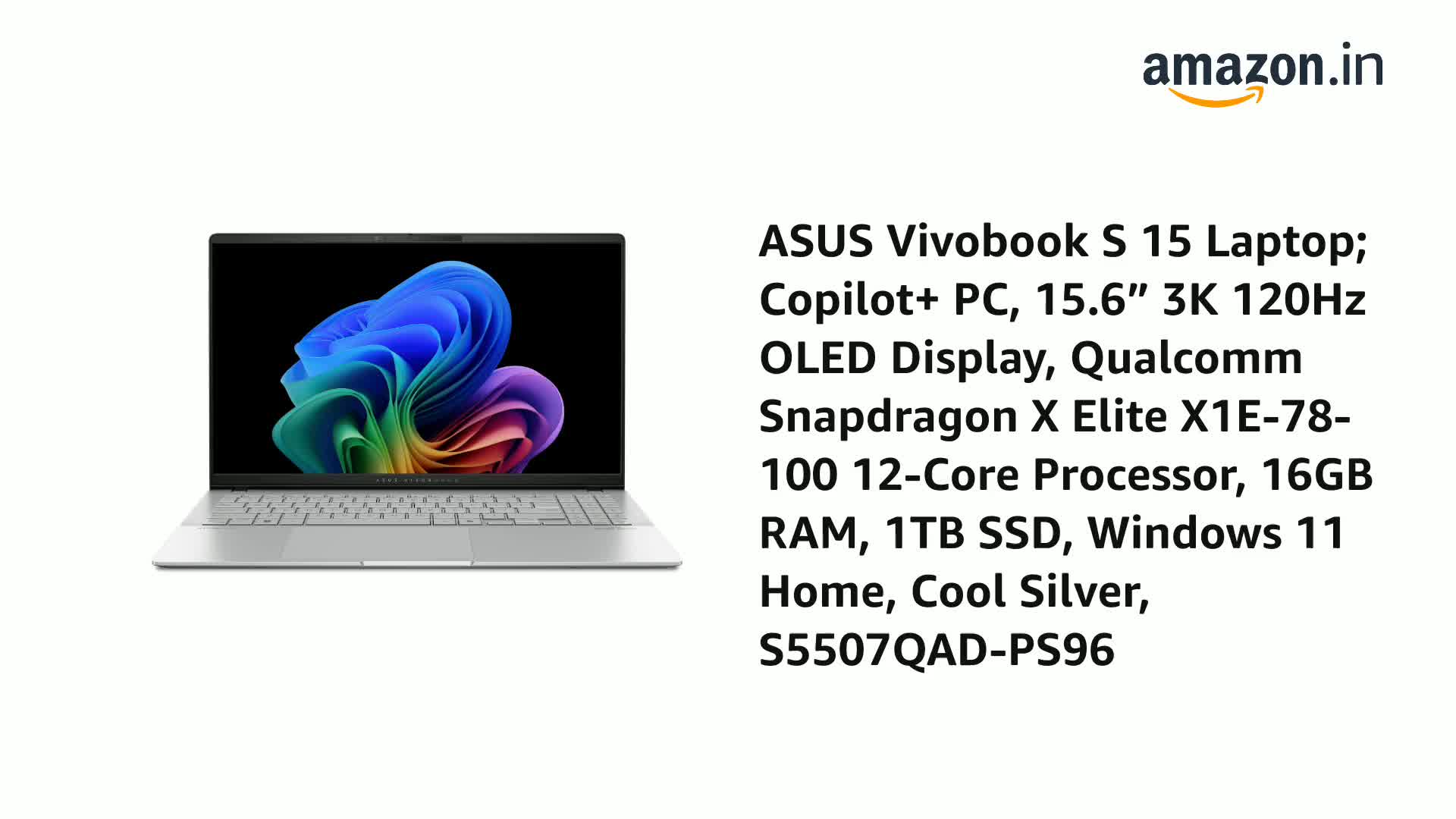 ASUS Vivobook S 15 Laptop; Copilot+ PC, 15.6” 3K 120Hz OLED