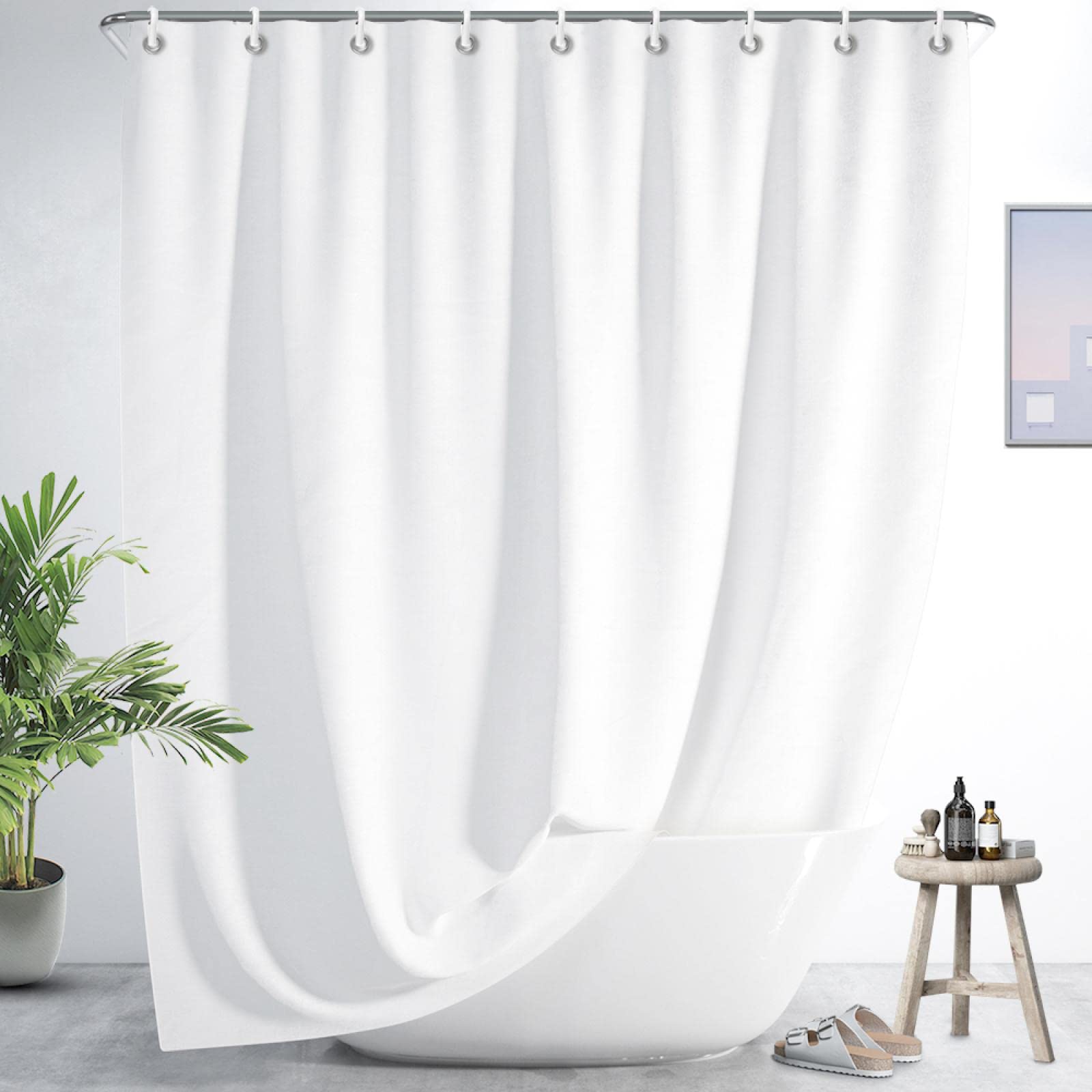 Reinweißer Langer Duschvorhang, kontrahierter Stil, Badezimmervorhang, wasserdichte Vorhänge mit Haken, Bett, Badewanne und darüber hinaus, 200 x 210 cm (B x L), Lange Duschvorhänge