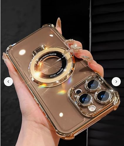 Clear Gold Phone Case with Magnetic Ring Stand for iPhone 15 Pro Max