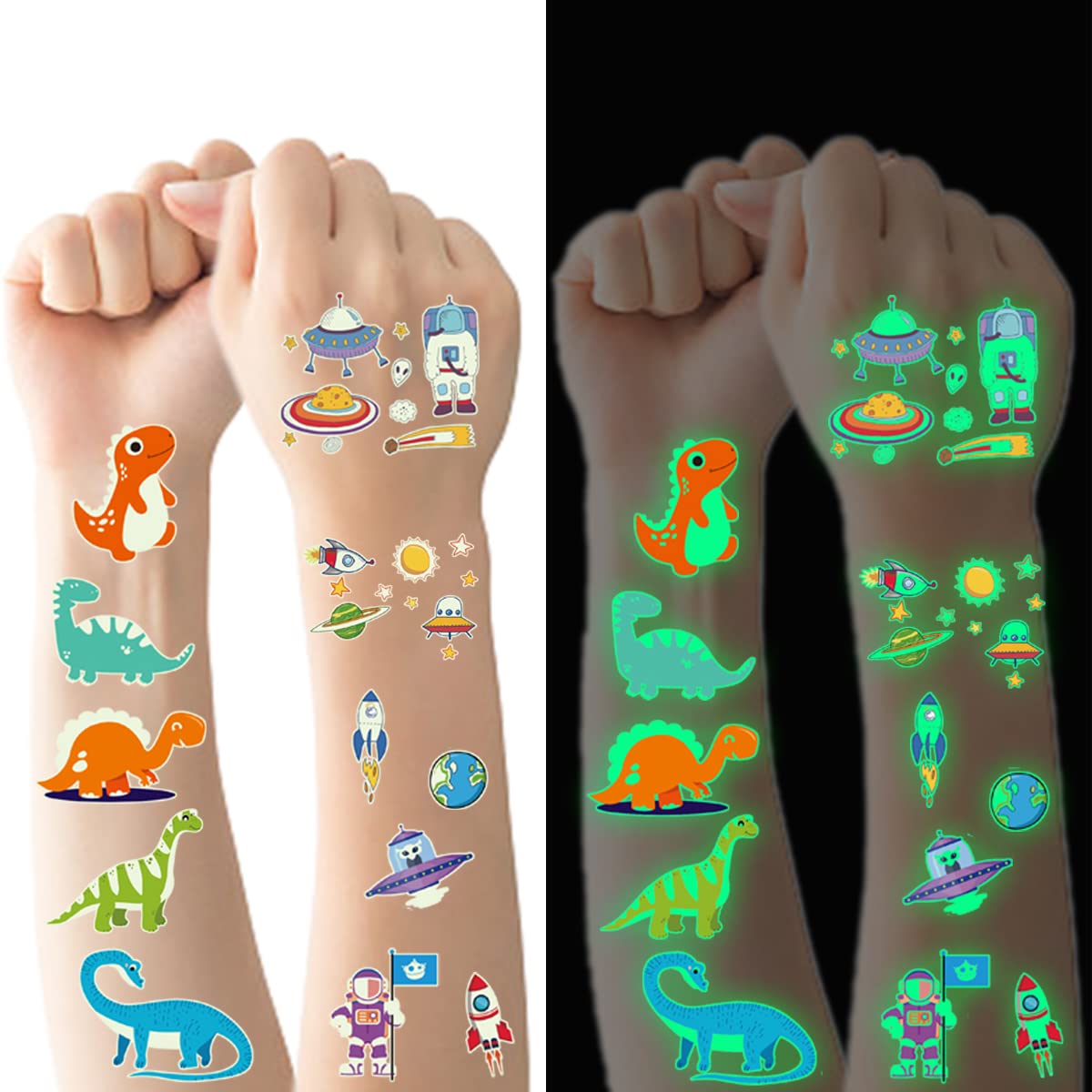 TatoYard Tatouages Dinosaure Enfant - 20 Feuilles Brillant Dans Le Noir | Cadeau Anniversaire, Fête | Imperméables & Lavables