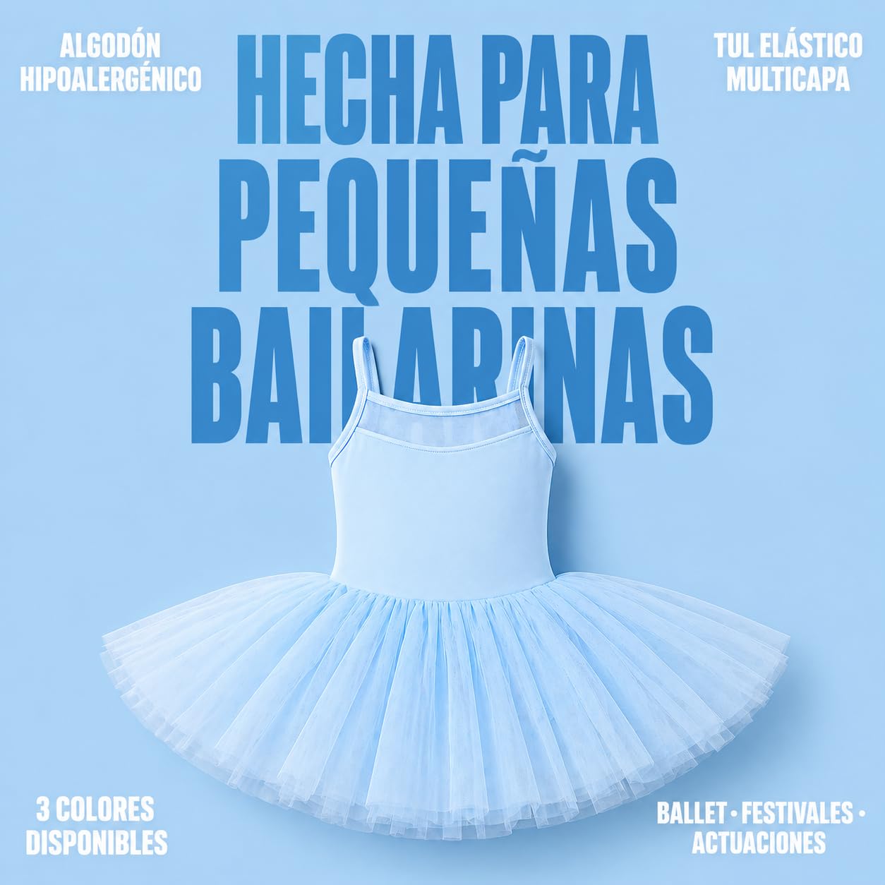Tutú Vestido de Ballet de niña, Maillot de Danza de Tirantes con Falda de Tul y Transparencias, Tres Colores a Elegir, Moda de Baile Infantil