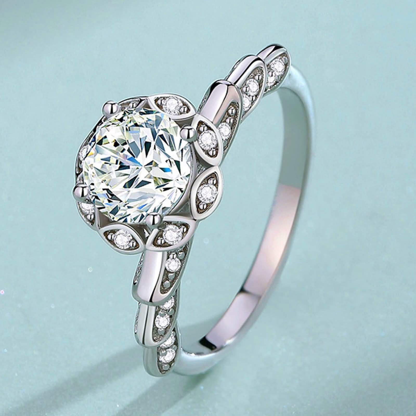 Anillo de mujer para dedo medio, anillo de bisutería con alas de ángel con moissanite redondo de 1 quilates de oro blanco de 9 quilates, talla 56 (17,8)