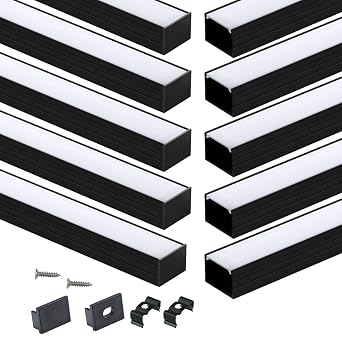 Muzata 10Pack 6.6FT/2M Plus-Size Spotless LED Channel Black LED Strip Diffuser Channel with Milky Frosted White Diffuser Cover U103 BW 2M