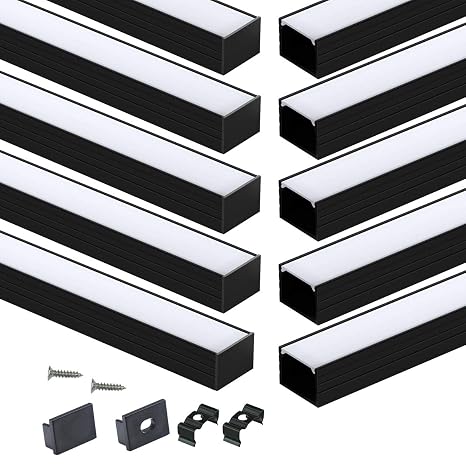 Muzata 10Pack 6.6FT/2M Plus-Size Spotless LED Channel Black LED Strip Diffuser Channel with Milky Frosted White Diffuser Cover U103 BW 2M