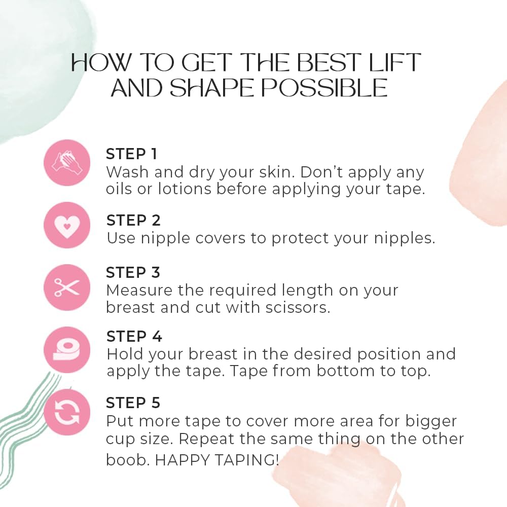 Boob Tape - Cinta para levantamiento de senos con 2 tapas reutilizables para pezón (invisible, con 10 cubiertas desechables para pezones, 20 cintas de moda, sin sujetador)