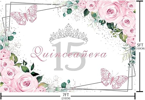 Miniatura 5 de Sendy Telón de fondo de quinceañera de 7 x 5 pies, decoración de fiesta de cumpleaños de 15 años, suministros para niña, princesa, rosa, floral,
