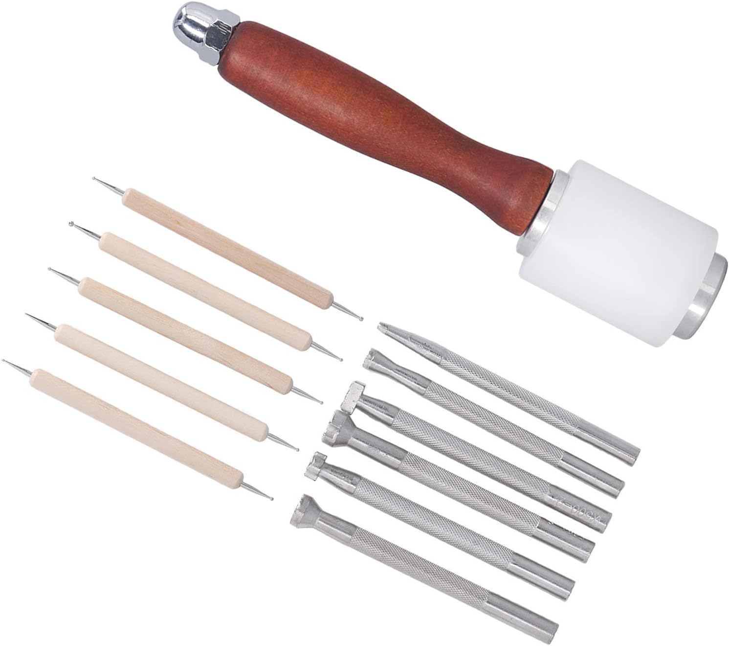 Fdit Leather Stamping Tools, Leather Craft DIY Kit with 6 Stamps 5 Crease Pens 1 Wooden Nylon Hammer, for Saddle Wallet Mens Shoes Making Working