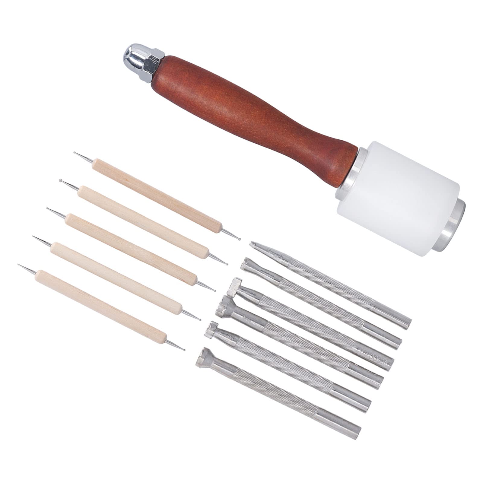 Juego de 12 herramientas de estampado de cuero, kit de trabajo artesanal de cuero, kit de herramientas de cuero hecho a mano con martillo de nailon de madera para hacer sillas de