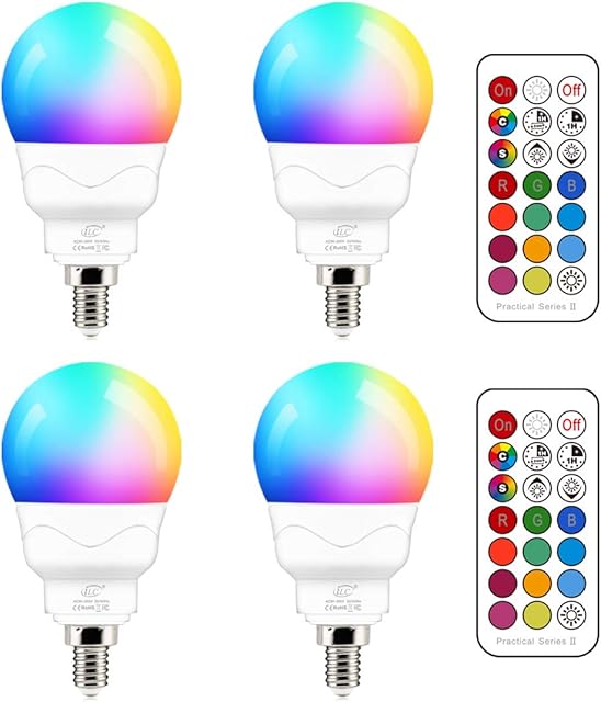 iLC E14 LED Light Bulb, 5W, RGB Colour Changing, 40W Equivalent Incandescent, 2700K Warm White SES Small Edison Screw Golf Ball Candle Bulbs Remote Controls (4 Packs)