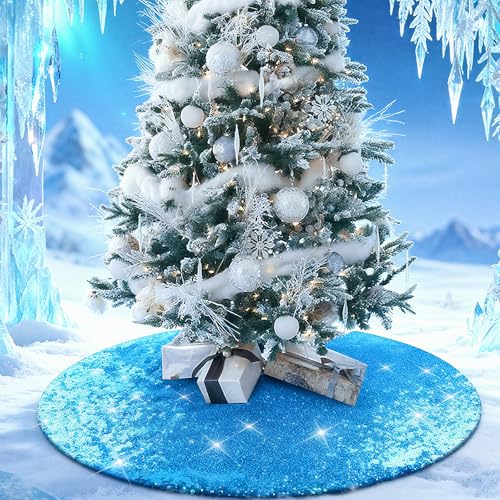 yuboo Turquoise Teal Christmas Tree Skirt, 48 Inch Blue Sequin Double Layers Tree Mat for Christmas Decorations