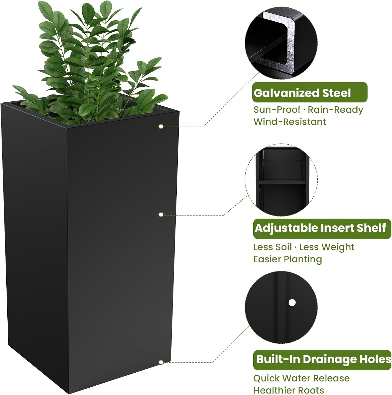 Nexum 30 Inch Tall Metal Planter Box for Outdoor/Indoor Use, Heavy Duty Galvanized Steel Vertical Planter, Modern Large Planter Boxes for Front Door, Porch & Patio (Tall Planter)