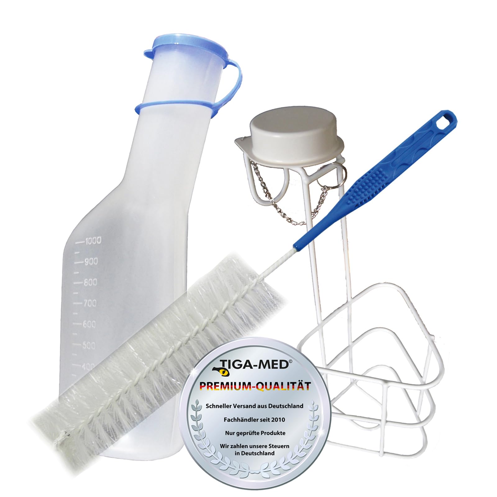 TIGA-MED Urinflaschen-Set inkl. Reinigungsbürste & Betthalter | Urinflasche 1000ml für Erwachsene, wiederverwendbar & hygienisch | Pflegehilfe für Bett, Krankenhaus & Pflegeheim