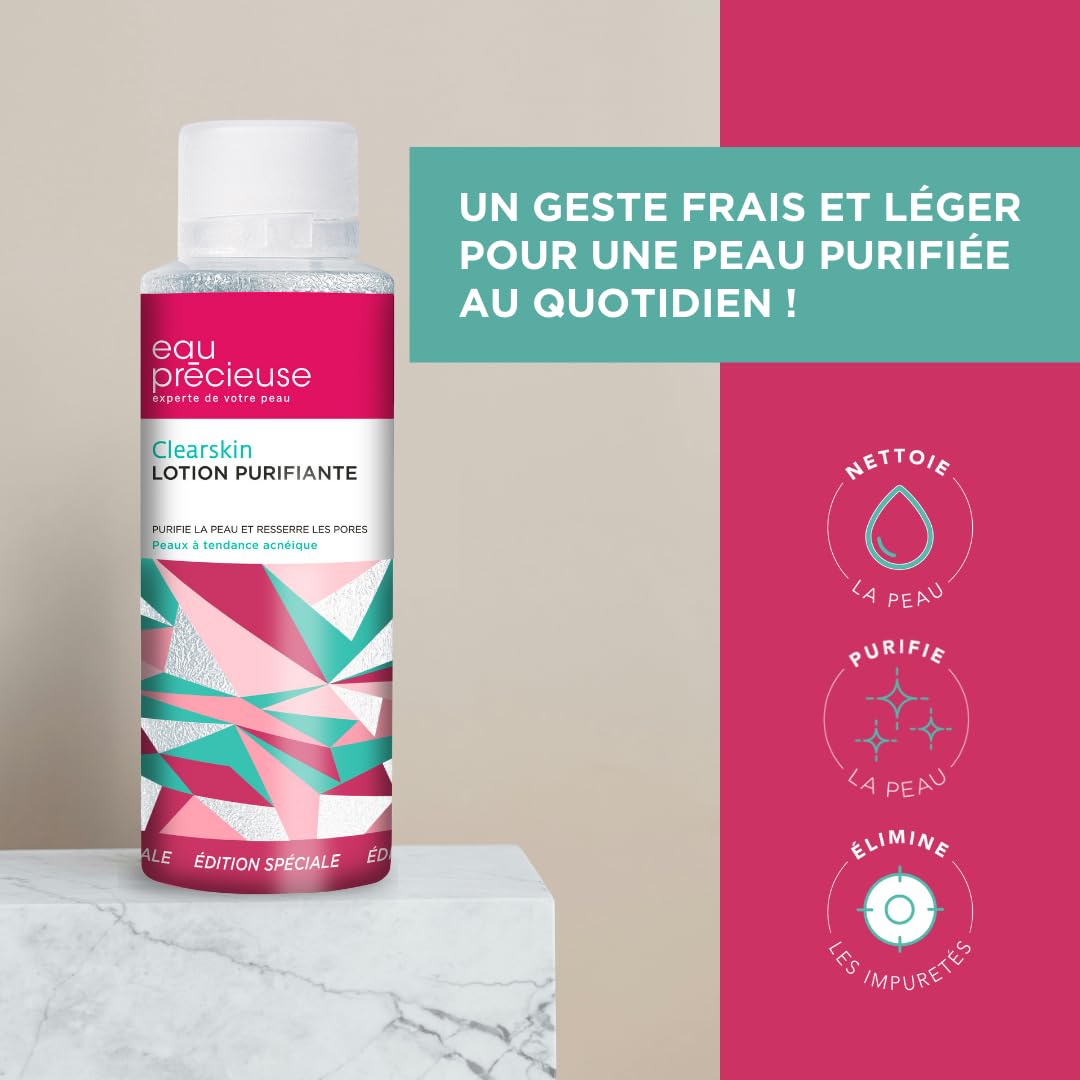 Eau Précieuse - Lotion Purifiante Clearskin Edition Spéciale - Soin pour les peaux à tendance acnéique - Triple action : purifie la peau - resserre les pores - élimine l'excès de sébum - 375 mL