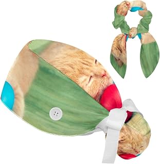 FVQL 2 Pieces Surgical Cap for Long Hair Scrub Cap with Hairband Nurse Cap, Cat Animal and Eggs