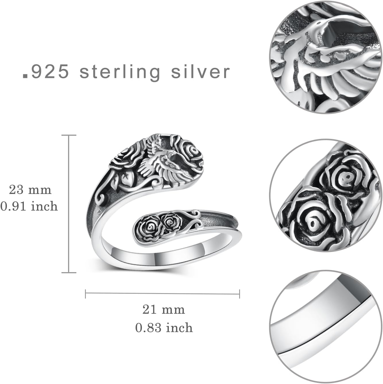Goth Spoon Rings 925 Sterling Silver Crow/Raven/Phoenix Spoon Ring Thumb Rings for Women Vintage Crow Jewelry Gifts