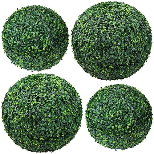 4 Pcs Artificial Plant Topiary Balls 2 Pcs 18.9 Inch and 2 Pcs 13.7 Inch Faux Boxwood Decorative Balls Round Greenery Spheres for Indoor Outdoor Backyard Balcony Garden Patios Wedding Home Decor