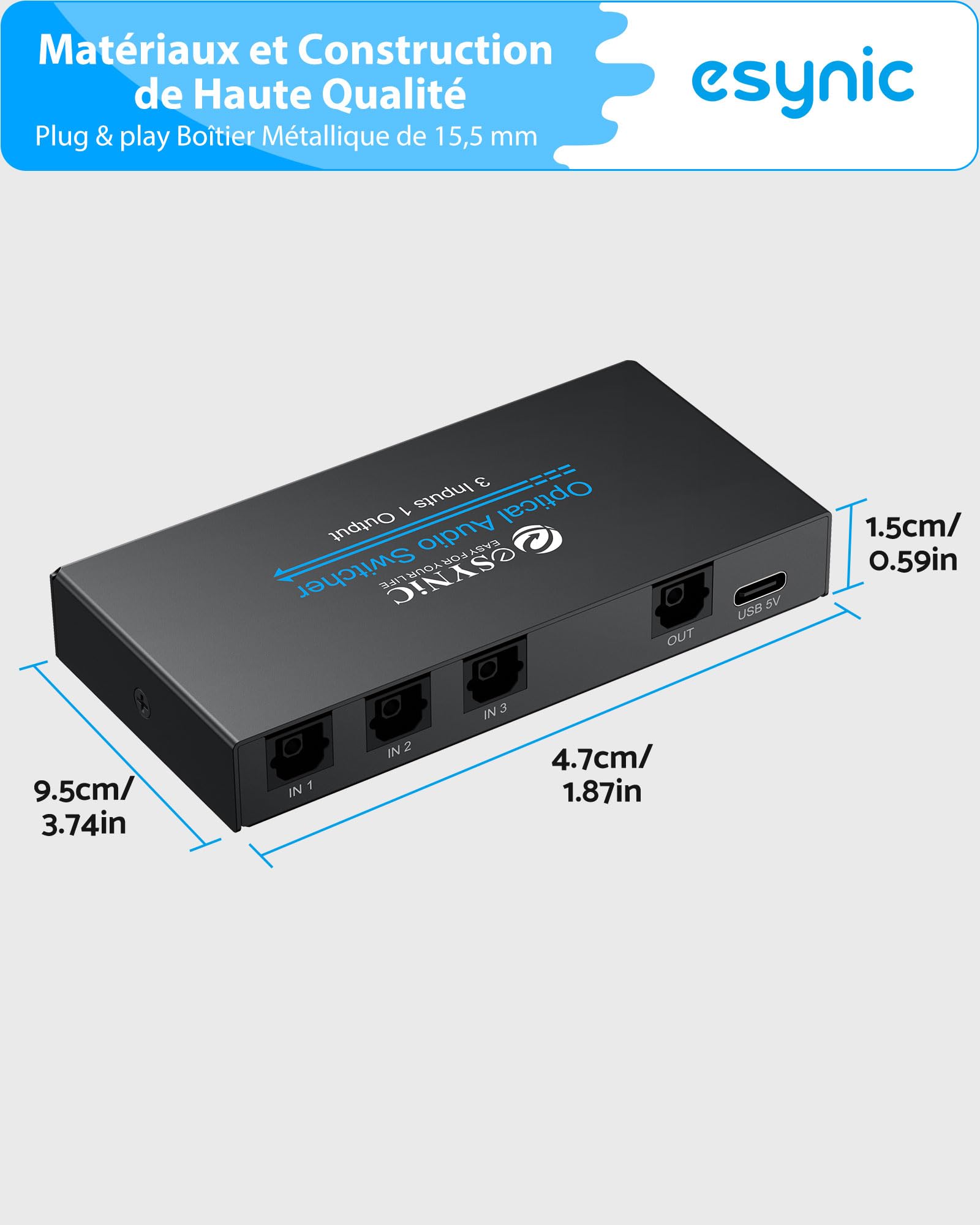 eSynic 3x1 Convertisseur Audio Toslink SPDIF Fibre Optique avec Télécommande IR Support LPCM2.0 DTS Dolby-AC3 Répartiteur Audio Optique Numérique 3 Entrées 1 Sortie avec Câbles USB Câble Optique