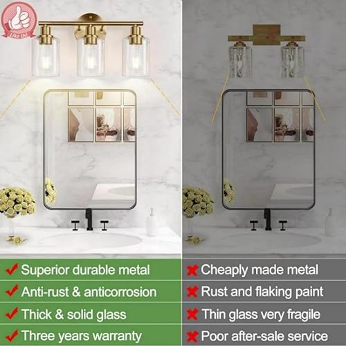 Miniatura 2 de Lámparas de baño de 3 luces, luces de pared de baño de latón cepillado, moderna lámpara de tocador de baño con pantalla de vidrio transparente,