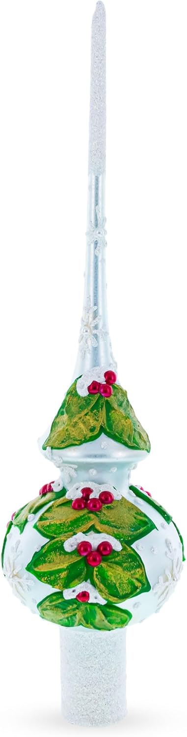 Dimensional Red Berries with Leaves on White Blown Glass Christmas Tree Topper 11 Inches
