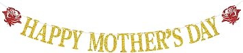 Happy Mothers Day Banner - Best Mom Ever/We Love You Mom Bunting Sign, Mothers Day Party Decorations SuppliesGold and Red Glitter