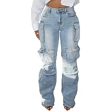 Women Rhinestone Cargo Jeans High Waisted Baggy Sexy Sparkly Cut Out Ripped Distressed Stretchy Denim Pants