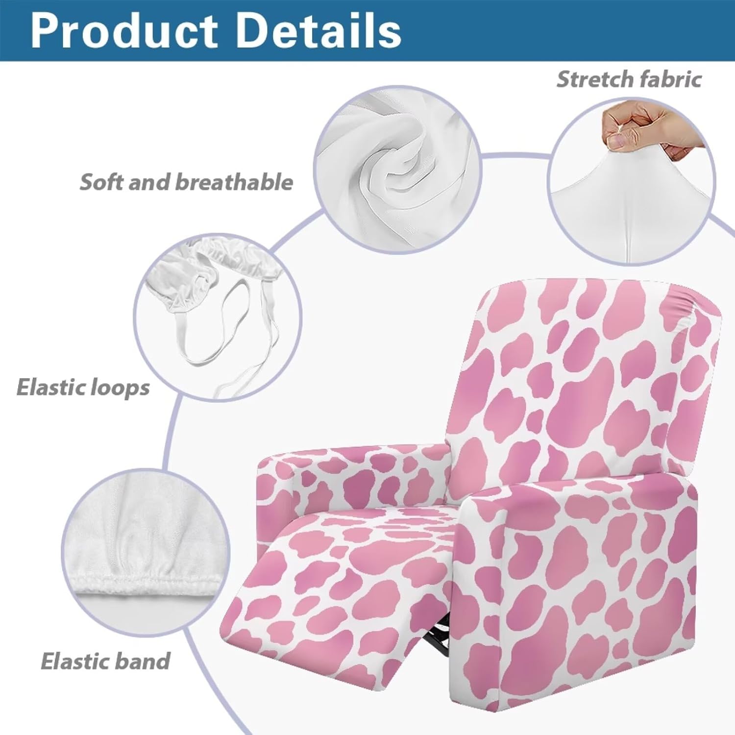 Pink Cow Print Recliner Covers That Stay in Place Chair Arm Covers Protectors Lazy Boy Recliner Covers Fitted Non Slip Reclining Slipcovers for Pets Kids Soft Stretchy Reclining Couch Covers