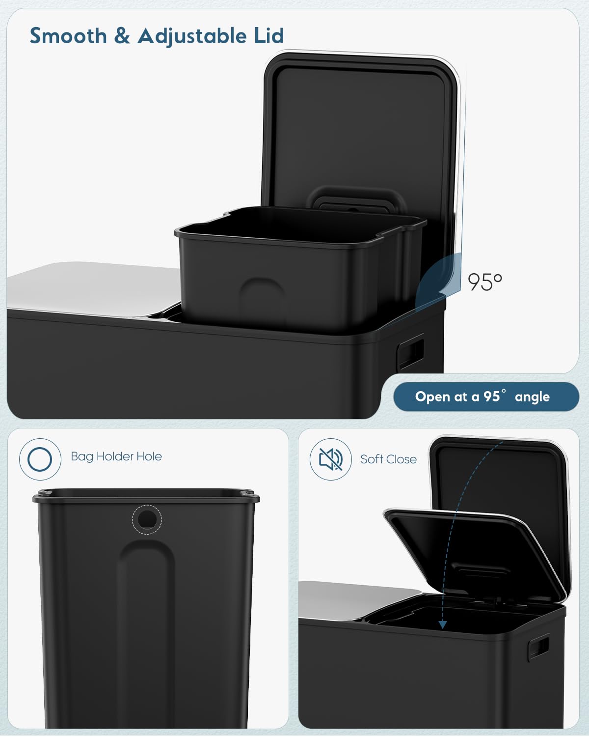Arlopu 2 x 10.6 Gallon (2 x 40 L) Dual Trash Can with Odor-Control Box, Large Stainless Steel Garbage can, Step-on Recycle Bin, Soft-Close Lid & Removable Inner Buckets, for Kitchen, Office (Black)
