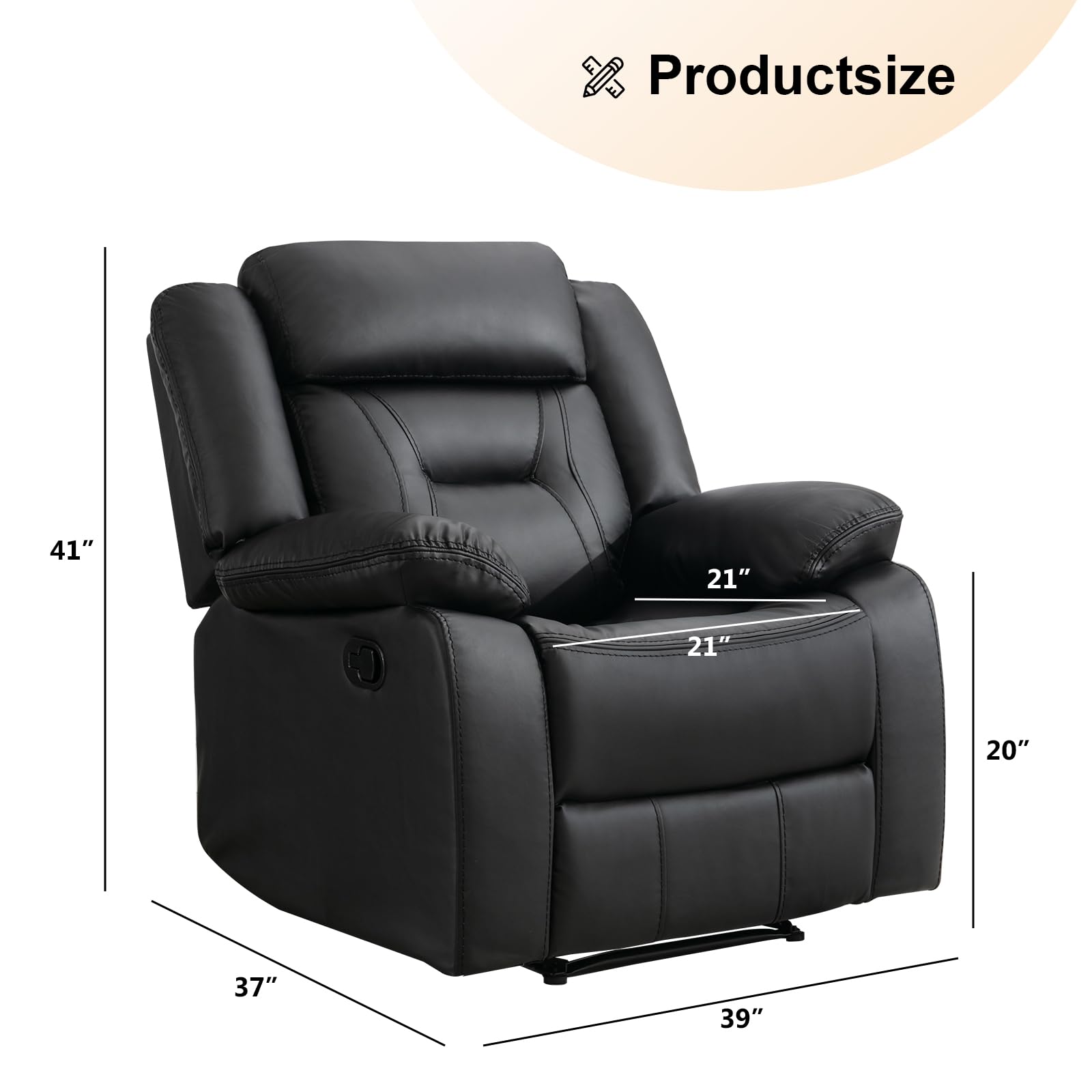 EBELLO Faux Leather Manual Recliner Chair, Modern Design Single Reclining Sofa Chair with Comfortable Armrest and Backrest, Furniture for Living Room, Bedroom, Black view 2