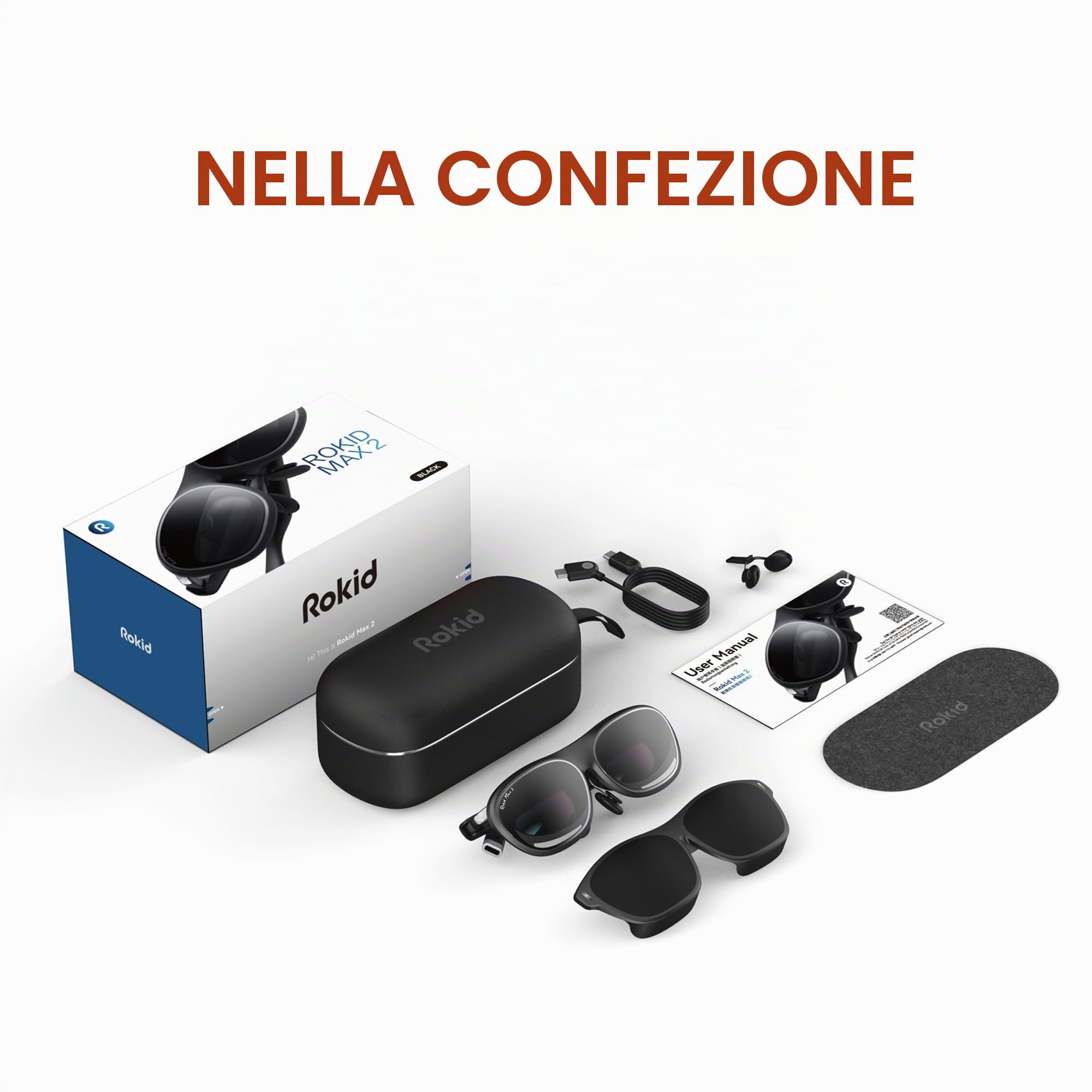 Rokid Max 2 AR Occhiali argentati, display micro OLED da 215", Myopia Adjustable (0-600D), compatibile con Android e PC/ROG/Steam, 120Hz, 50° FOV e 600nits luminanza